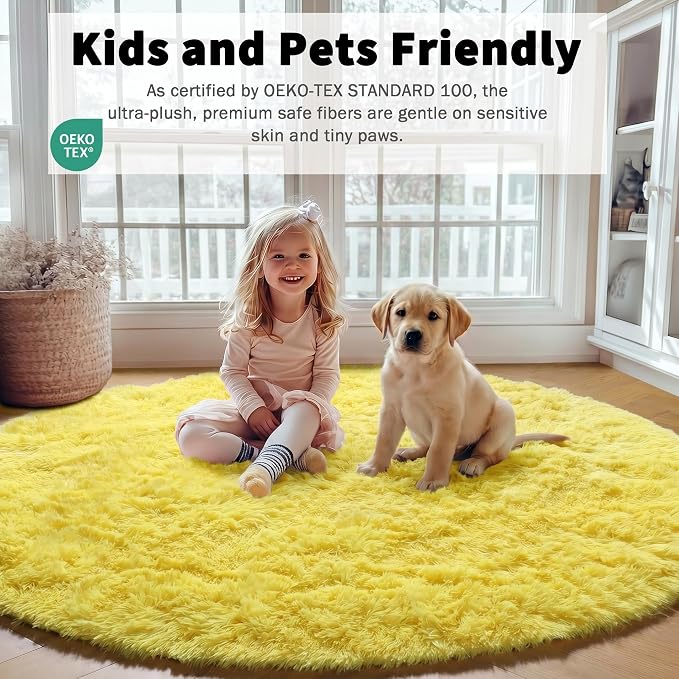 ONASAR Yellow Round Rugs 5ft for Bedroom Living Room, Fluffy Circle Area Rug - Image 4
