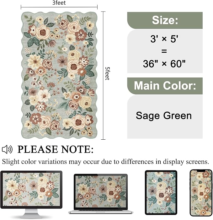 DUKINO 3x5 Area Rug, Floral Non-Slip Indoor Washable Rug - Image 2