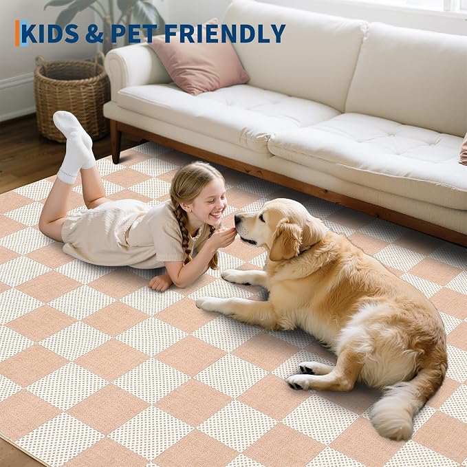 GarveeHome Checkered Blush Beige Neutral 2x6 Washable Kitchen Runner Rug - Image 4