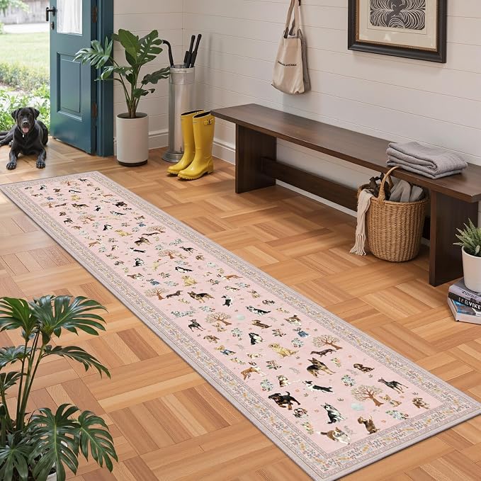 Floral Dog Runner Rug Pink Carpet Non-Slip, 2x10 Washable Rug Ultra-Thin Soft - Image 2