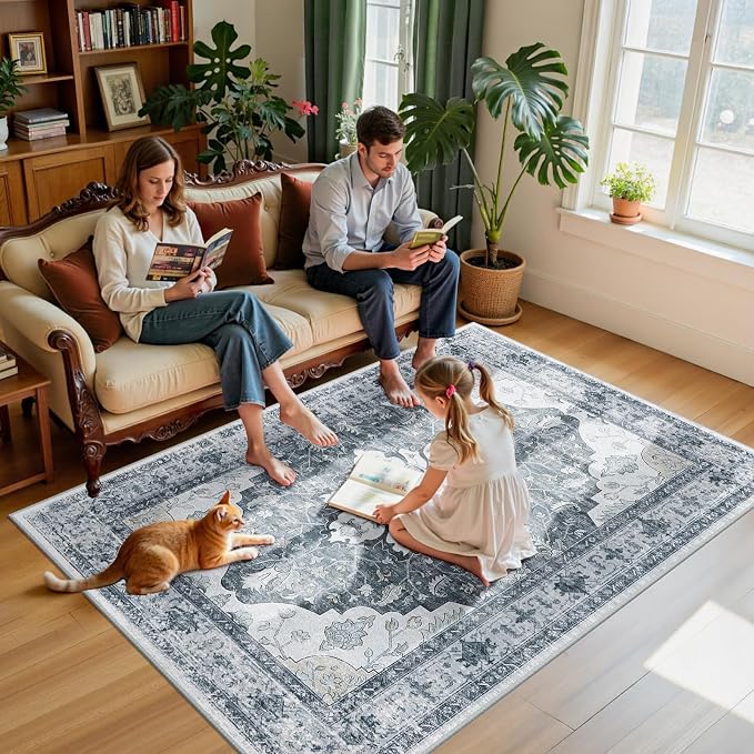 RELEANY Area Rugs 5'x7' Washable Non-Slip, Floral Vintage Distress Medallion - Image 3