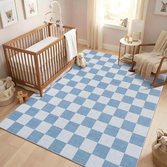 GarveeHome Checkered Light Blue and White 3x5 Washable Rug Geometric Diamond - Image 2