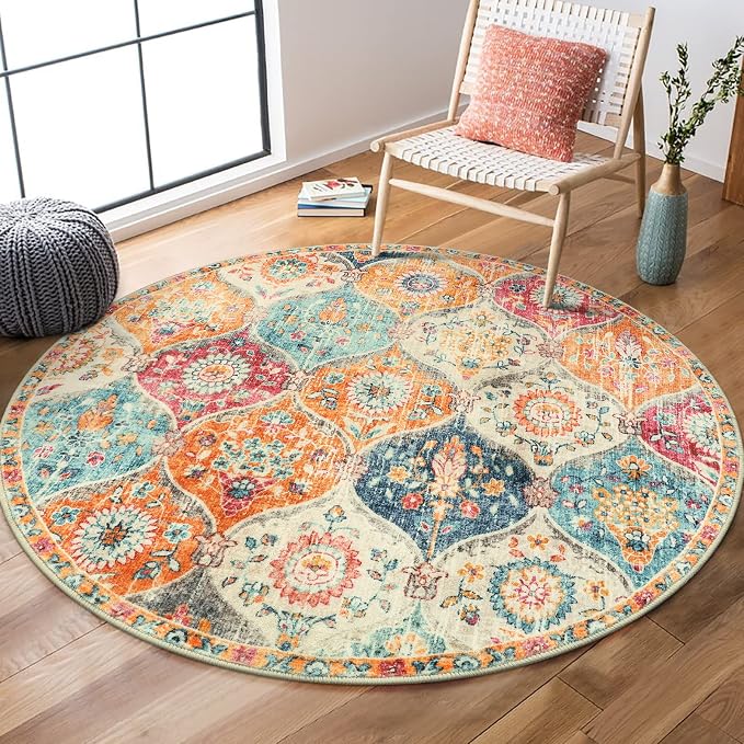 Lahome Round Moroccan Washable Rug, Soft Vintage Small Round Rug 3ft Non-Slip by Lahome