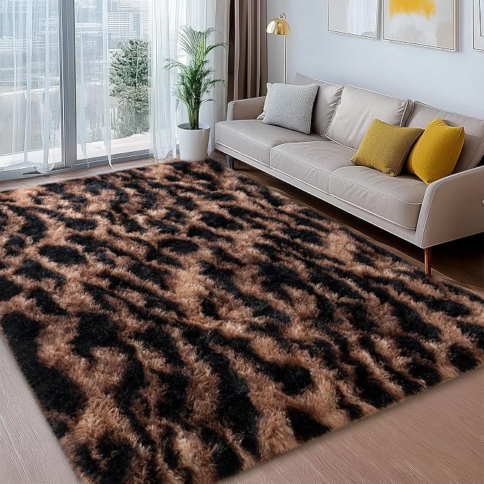 Shag Rugs for Bedroom, 4x6 Tie-Dyed Brown Leopard Soft Fuzzy Rugs for Living - Image 5