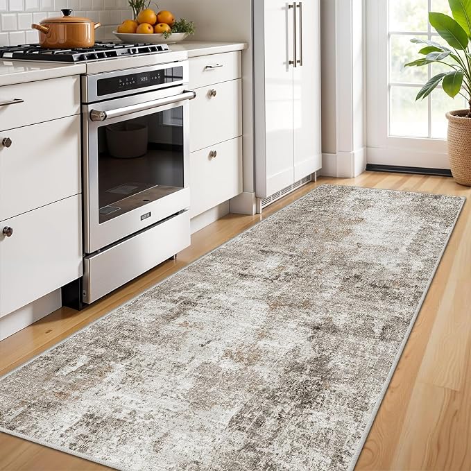 3x7 Washable Non-Slip Kitchen Runner Rug – Modern Abstract Neutral Beige & Gray - Image 2