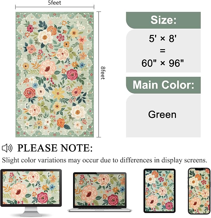 DUKINO 5x8 Area Rug for Living Room, Washable Lightweight Non Slip Floral - Image 2