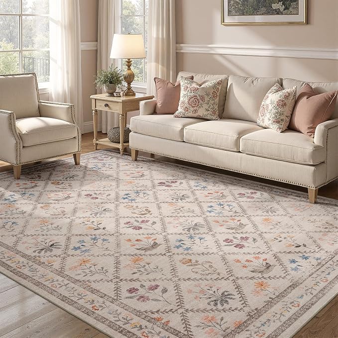 DCX Washable 4x6 Rose Biege Floral Rug - Image 3