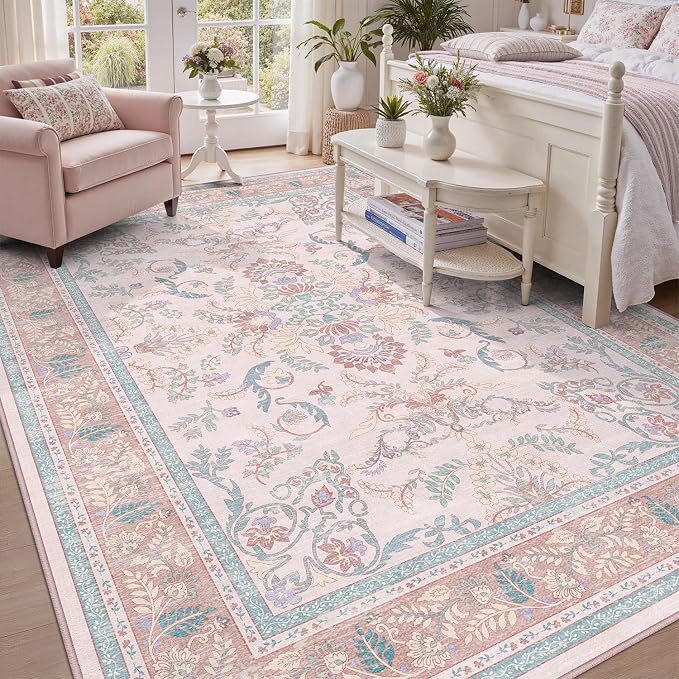 DCX 8x10 Pink Vintage Floral Rug, Machine Washable Non Slip Low Pile Carpet by DCXWashableRug