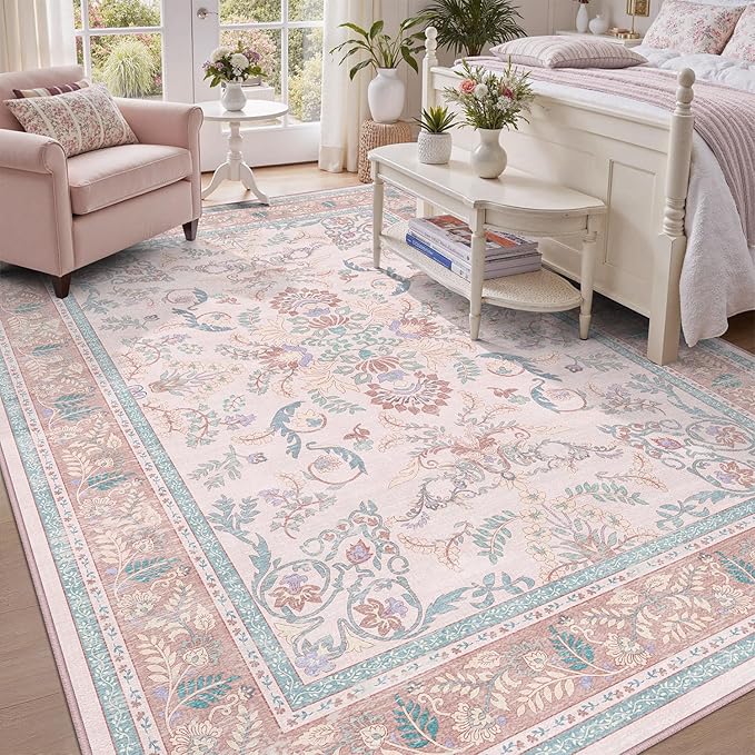 DCX 9x12 Pink Vintage Floral Rug, Machine Washable Non Slip Low Pile Carpet by DCXWashableRug