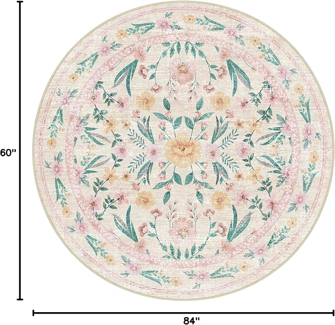 Pink Floral Round Rug 6ft, Washable Boho Circle Area Rug - Image 2
