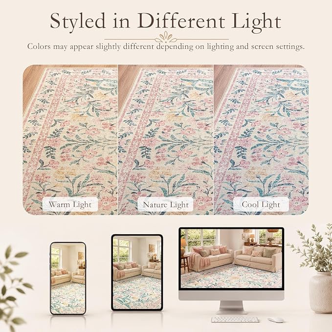 Wonnitar Floral Large Rugs for Living Room, Soft Light Pink Rug Washable 9x12 - Image 9