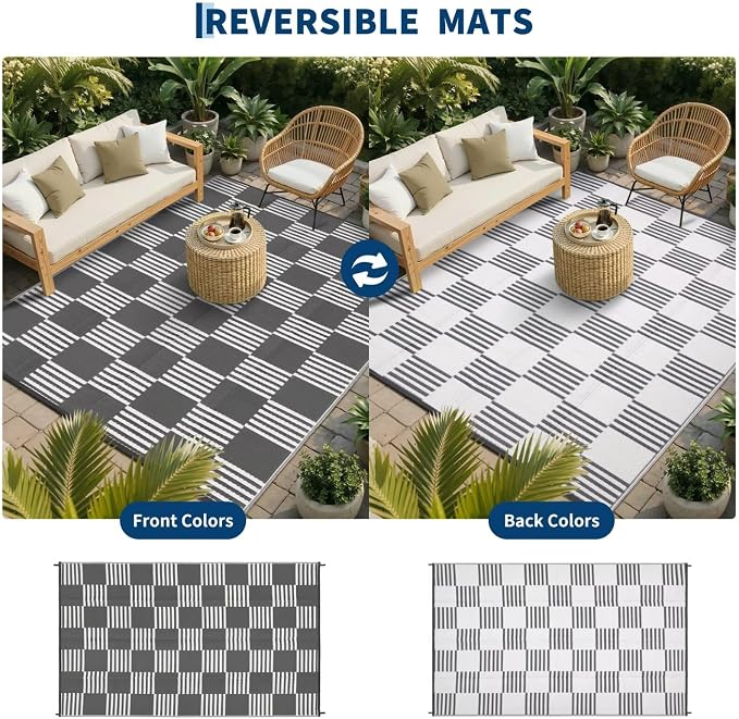 Garvee Waterproof Outdoor Rug 10x20, Checkered Foldable Plastic Straw Patio - Image 3