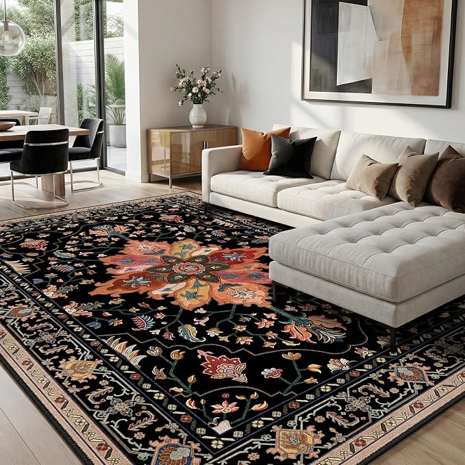 RELEANY Area Rugs 8'x10' Washable Non-Slip, Floral Vintage Distress Medallion by RELEANY