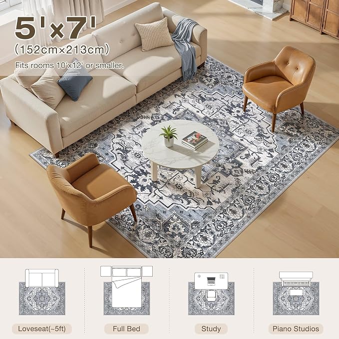 5x7 Area Rugs Living Room: Washable Vintage Rug Large Non-Slip Stain Resistant - Image 9