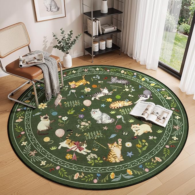 Unirea 4x4 Dark Green Cat Round Area Rugs, Washable Soft Non Slip Circle Rug - Image 9