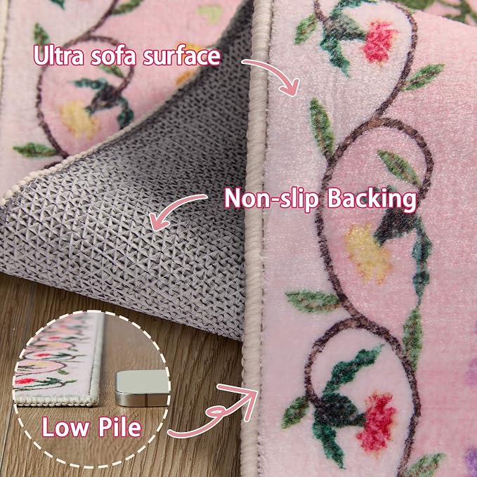 Latte&Fog Pink Hallway Runner Rug 2x10, Non Slip Washable Floral Runner Rugs - Image 8