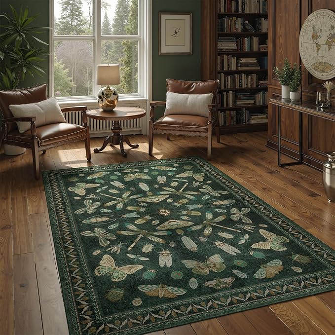 DCX 4x6 Washable Insect Rug, Vintage Gothic Dark Green Rug by DCXWashableRug