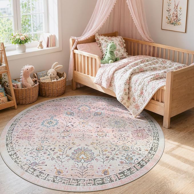 Lahome Girls Bedroom Pink Round Rug 6ft, Soft Washable Floral Circle Rug - Image 3