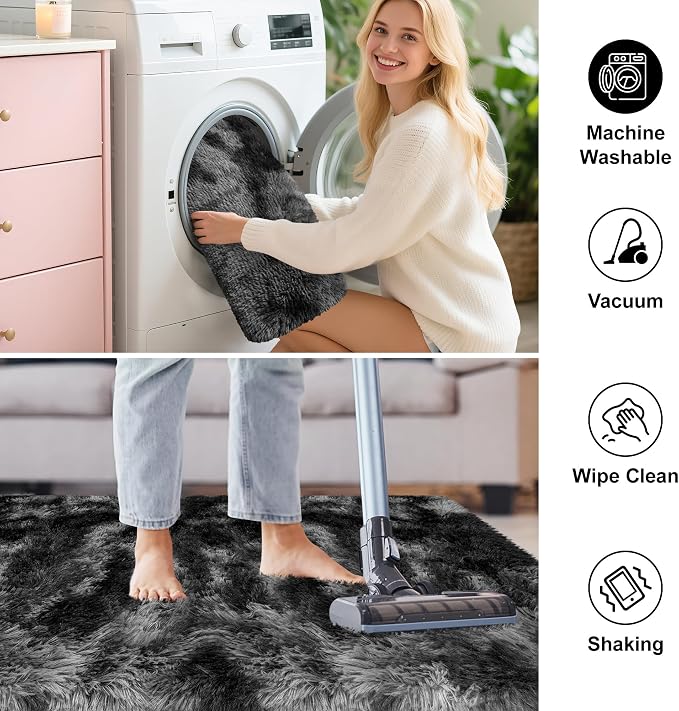 4x6 Dark Grey and Black Fluffy Rug - Image 7