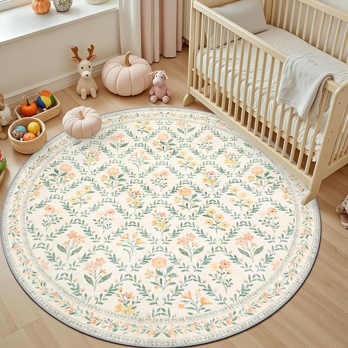 Round Area Rug for Living Room: 4 ft Floral Washable Circle Rug Soft Non-Slip - Image 5