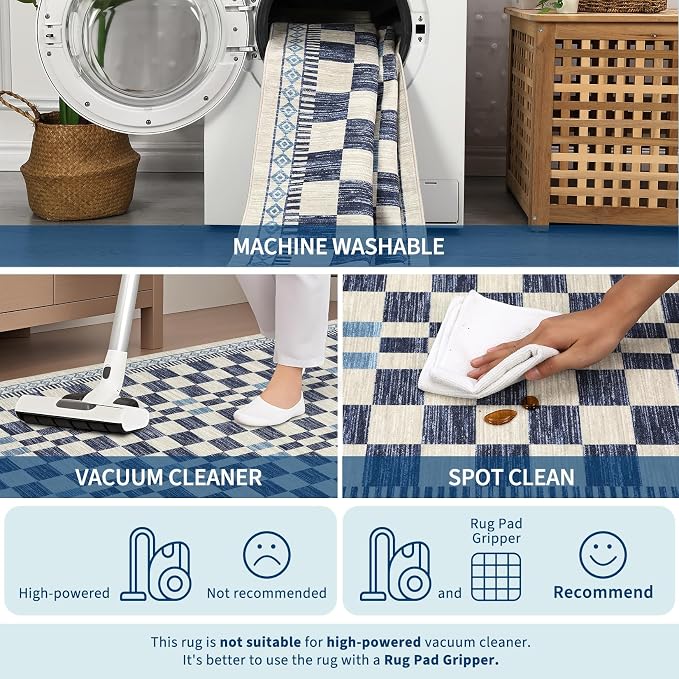 GarveeHome 2x8 Runner Rug for Kitchen Bathroom Modern Blue Checkered Long Rug - Image 4