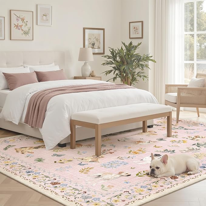 Soalmost Dog 6x9 Area Rugs for Living Room, Machine Washable Animal Floral - Image 3