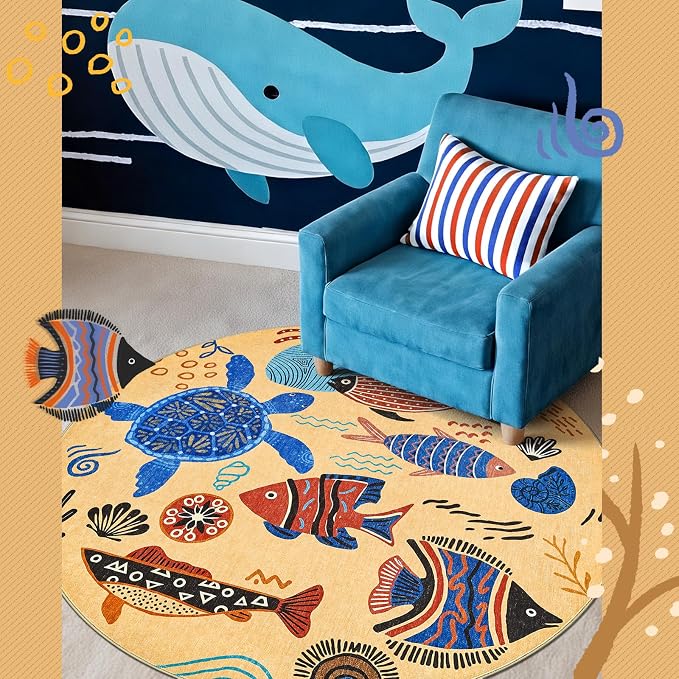 jinchan 5ft Coastal Round Rug Kids Washable Fun Rug Colorful Ocean Fish Floor - Image 6