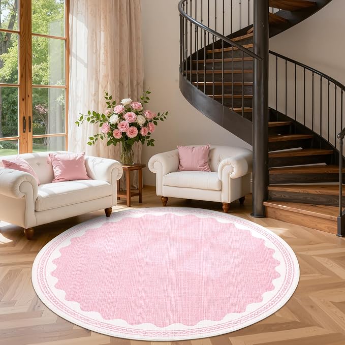 GarveeHome Scalloped Edge Solid Pink 4ft Round Rug Circle Modern Minimalism - Image 3