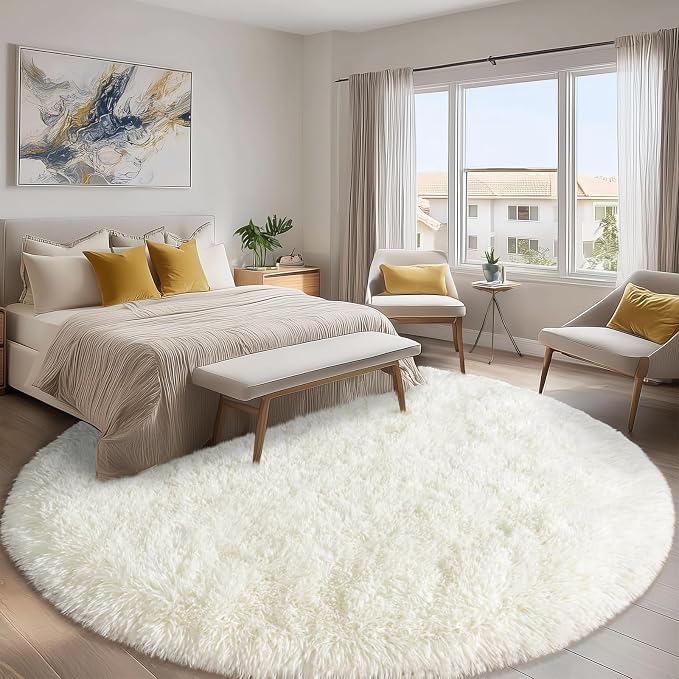 Round White Rug for Bedroom, 7 ft Circle Area Rugs for Living Room, Soft Large - Image 2