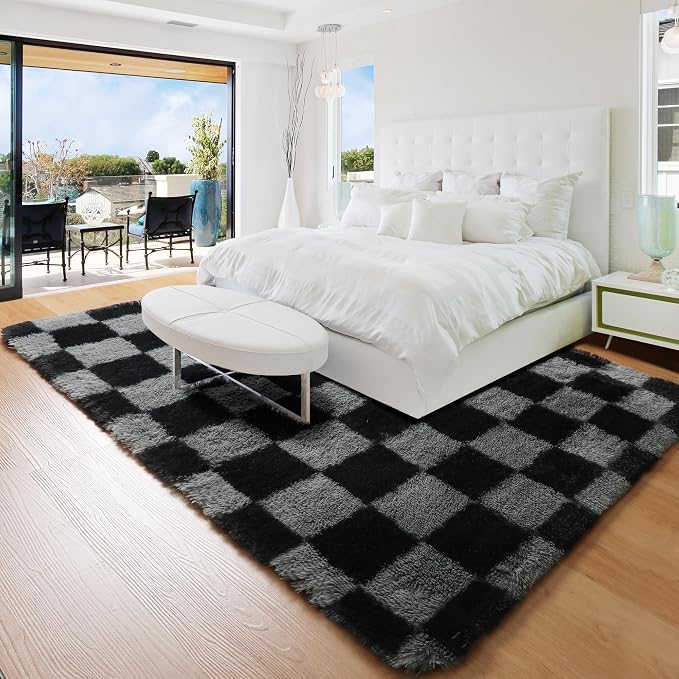 KICMOR Rugs for Living Room 5x7 Black and Grey, Soft Fluffy Checkered Shag Area - Image 7