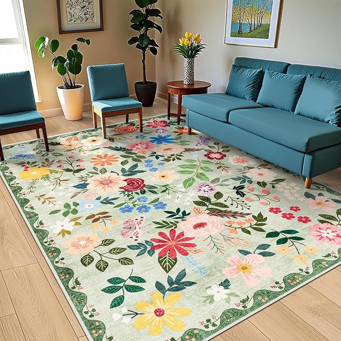 Area Rugs 9x12 Living Room: Floral Washable Rug Vintage Large Soft Boho - Image 2