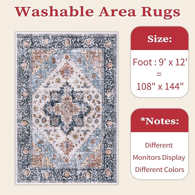 SERISSA Washable Rugs 9x12 Area Rugs, Large Non-Slip Blue Orange Living Room Rug - Image 6