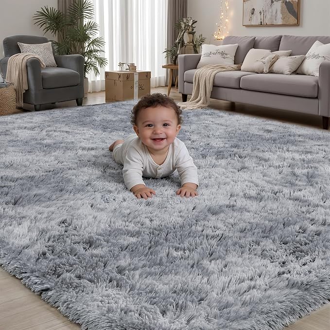 Area Rug for Living Room Bedroom: 4x6 Light Grey Soft Fluffy Shag Upgrade by PLHXFRSoftAreaRugs