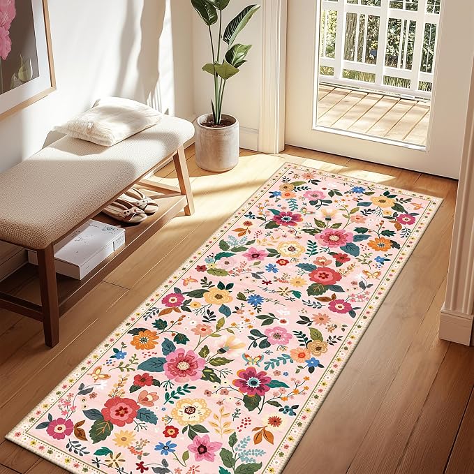RELEANY Floral 2x6 Area Rugs Washable Print Boho Cute Carpet Non Slip Flower - Image 2