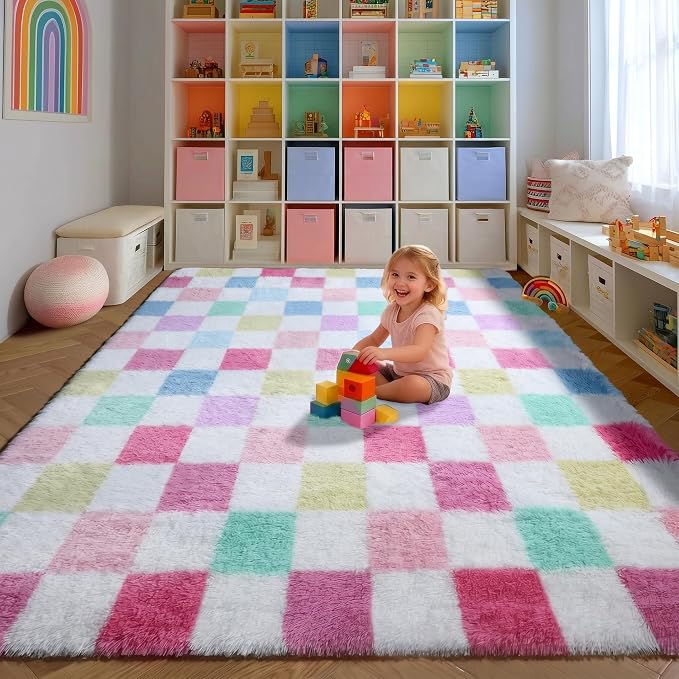 KICMOR Checkered Rug 8x10 for Living Room, Rainbow Colorful Fluffy Soft Large by KICMOR