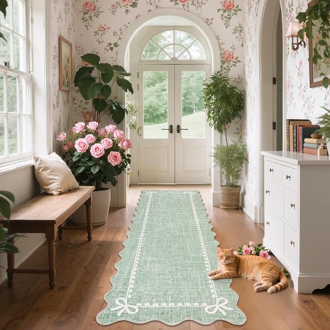 GarveeHome Scalloped Bow Rug for Living Room, Sage Green Rug for Dorm, Washable - Image 3