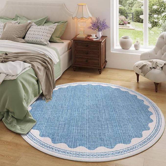 GarveeHome Scalloped Blue 4ft Round Rug Washable Non-Slip Soft Ultra-Thin Small - Image 2