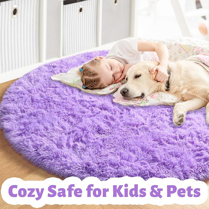 Amdrebio Purple Round Rugs 5Ft for Girls Bedroom Decor Aesthetic, Fluffy Fuzzy - Image 2