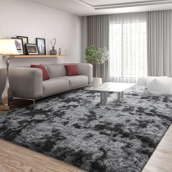 FlyDOIT Large Area Rugs for Living Room, 5x8 Feet Tie-Dyed Dark Grey Shaggy Rug - Image 2
