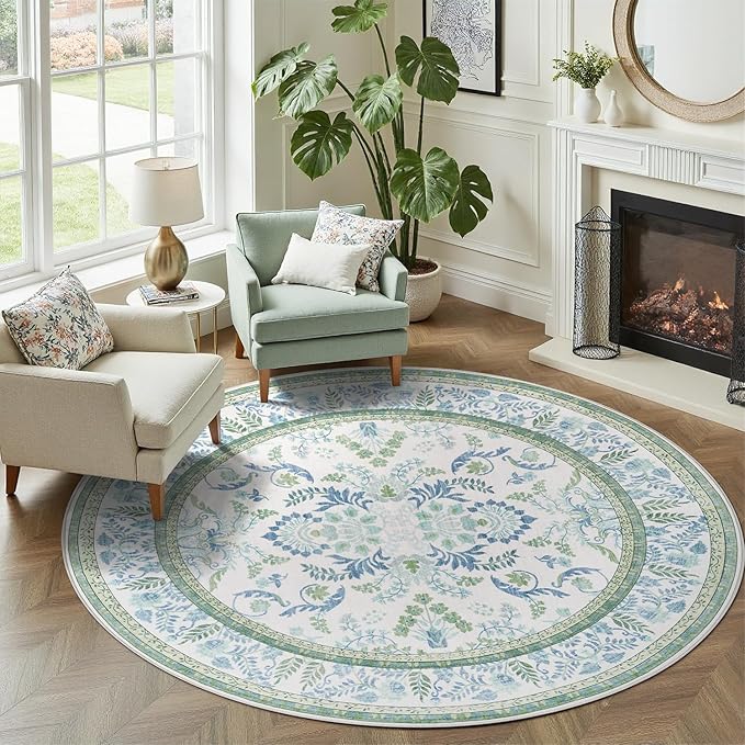 DCX Area Rug 4x4 Botanical Floral Washable Rugs in Green and Blue Soft Non Slip by DCXWashableRug