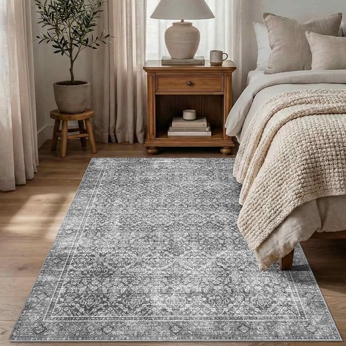 Latte&Fog 4x6 Rug for Living Room, Vintage Grey Washable Area Rug, Boho Floral - Image 3