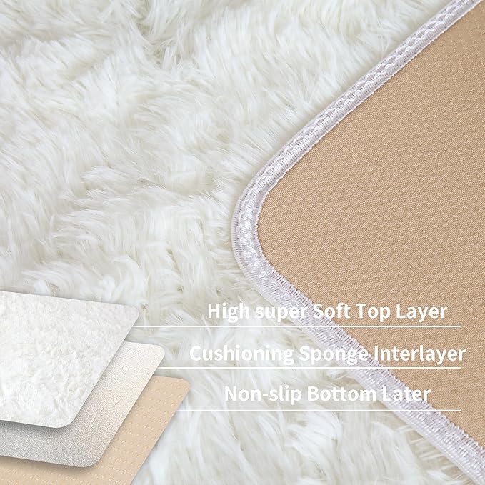 KCHOWUA Cream White Fluffy Area Rug - Image 4