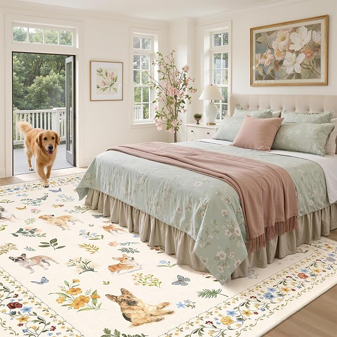 Soalmost Dog 9x12 Area Rugs for Living Room, Machine Washable Animal Floral - Image 3