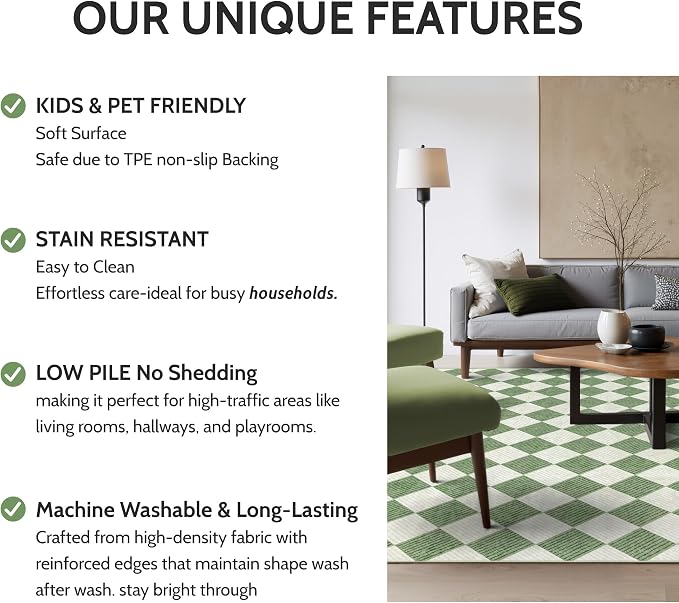 Checkered Washable Rug 6x9, Soft Non-Slip Farmhouse Area Rug - Image 7