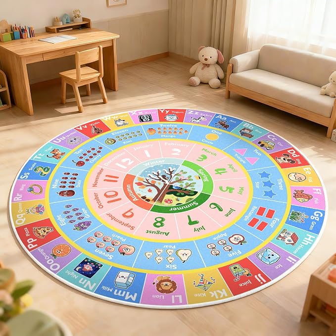 ABC Kids Rug for Playroom, 6ft Round Alphabet Small Classroom Rug, Non-Slip - Image 9