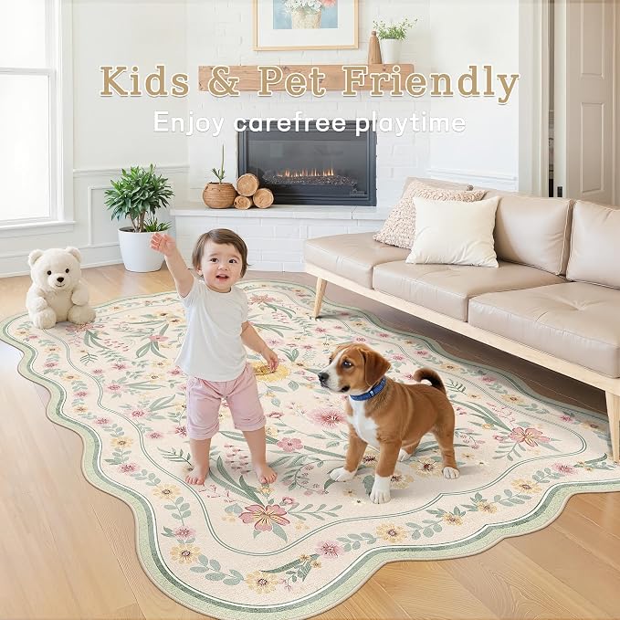 Scalloped Floral Rug 6x9, Sage Green Washable Non Slip Area Rug - Image 3