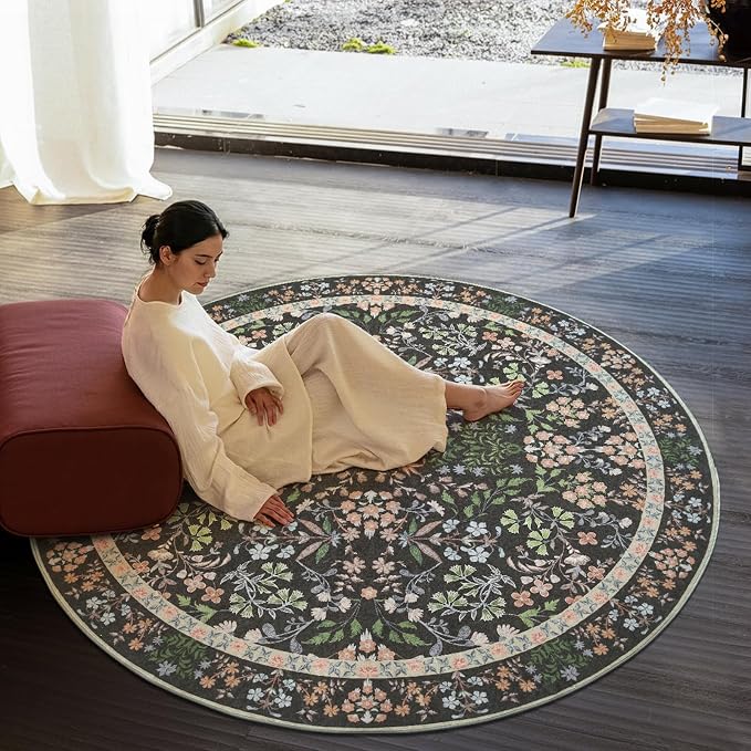 jinchan Zenith Round Rug 7ft Area Rug Soft 7'Round Vintage Floral Rug Non-Slip - Image 6