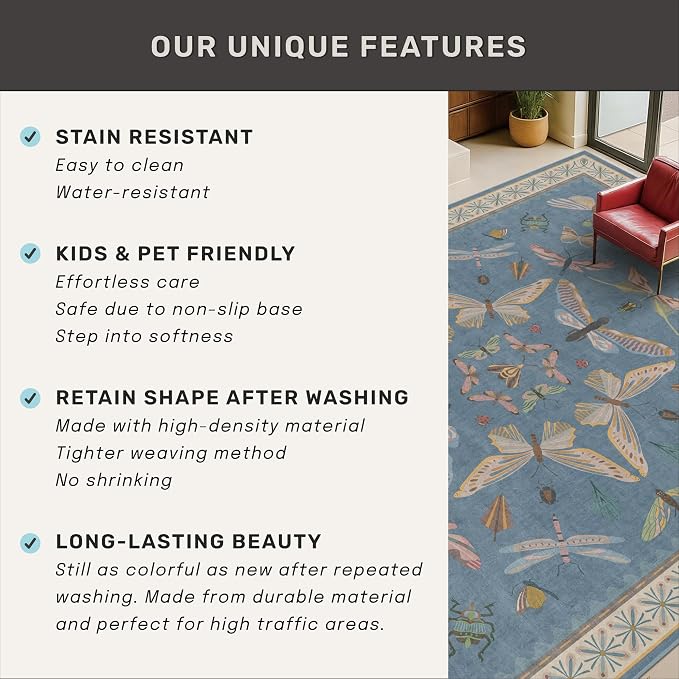 Washable 7x9 Area Rug for Living Room, Dusty Blue Modern Boho Carpet for - Image 6
