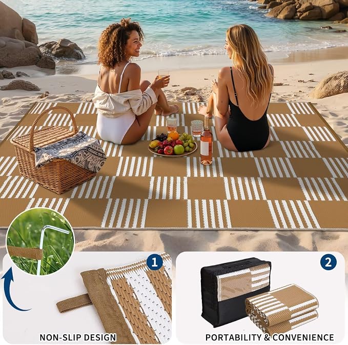 Garvee Waterproof Outdoor Rug 9x18, Checkered Foldable Plastic Straw Patio - Image 5