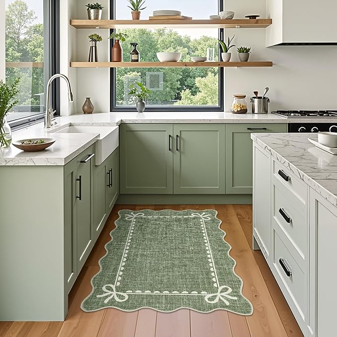 GarveeHome Scalloped Bow Rug for Kitchen Floor, Solid Green Rug for Dorm - Image 3